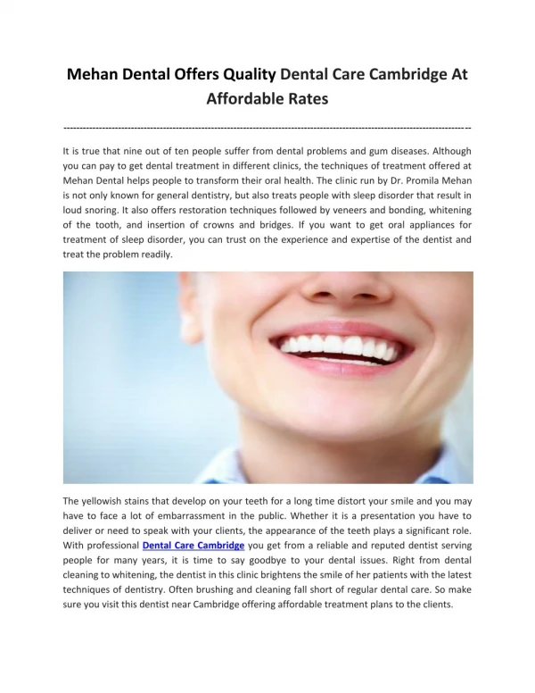 Mehan Dental Offers Quality Dental Care Cambridge At Affordable Rates