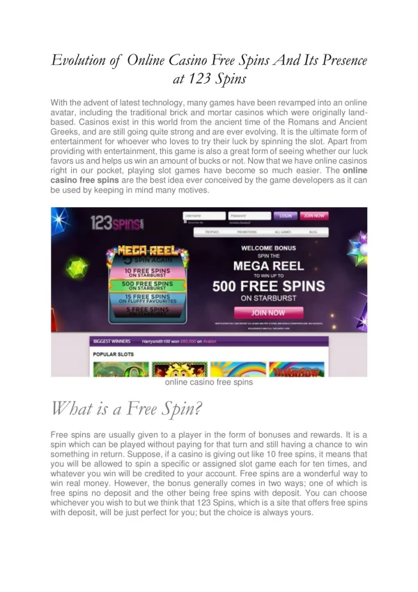 Evolution of Online Casino Free Spins And Its Presence at 123 Spins