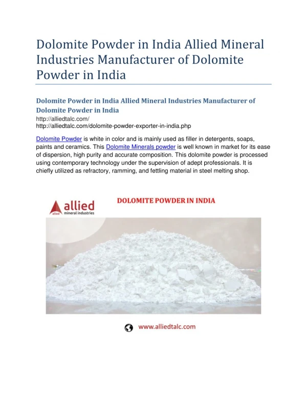 Dolomite Powder in India Allied Mineral Industries Manufacturer of Dolomite Powder in India