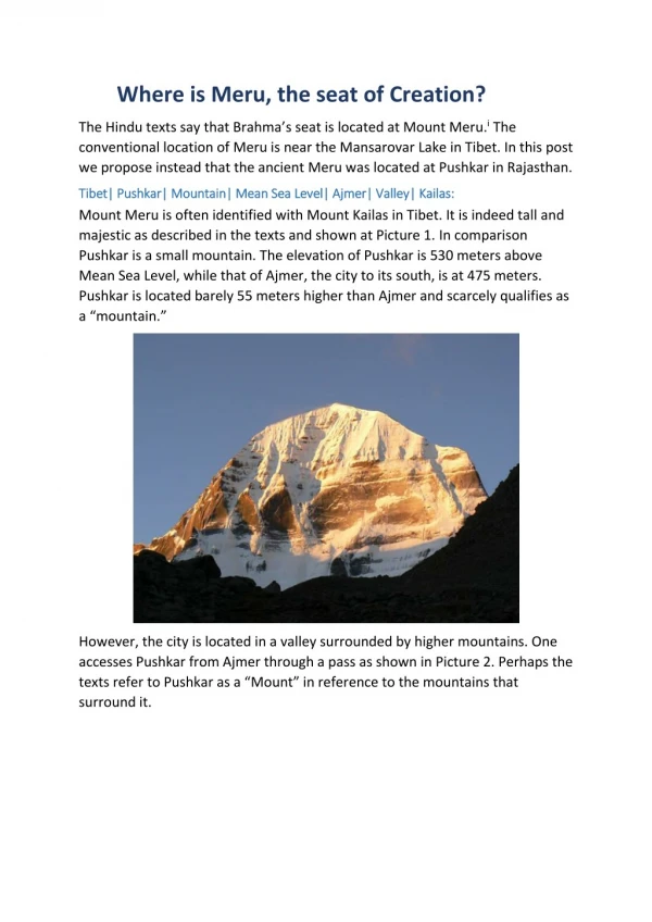 Mount Meru of Lord Brahma be located at Pushkar?