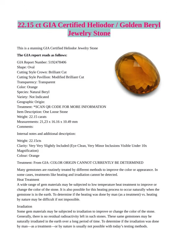 22.15 CT GIA Certified Golden Beryl Jewelry Stone