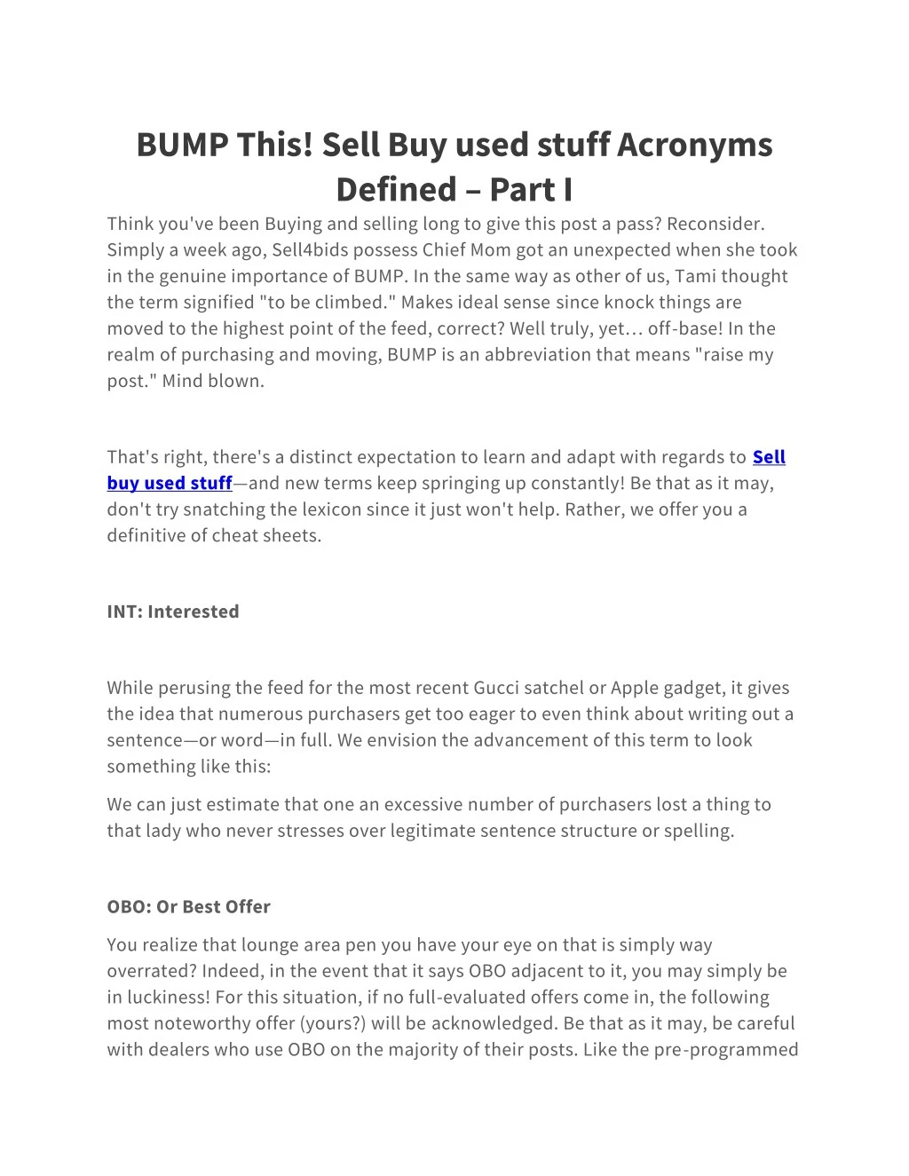 bump this sell buy used stuff acronyms defined