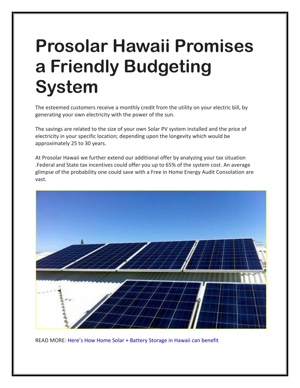 prosolar hawaii promises a friendly budgeting