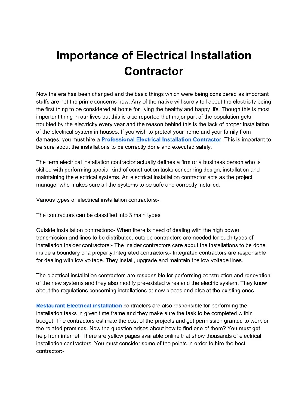 importance of electrical installation contractor