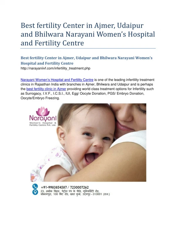 Best fertility Center in Ajmer, Udaipur and Bhilwara Narayani Women’s Hospital and Fertility Centre