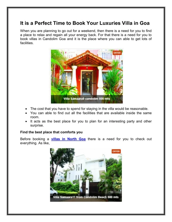 It is a Perfect Time to Book Your Luxuries Villa in Goa