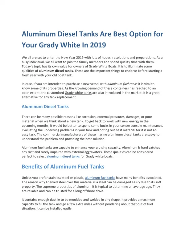 Aluminum Diesel Tanks Are Best Option for Your Grady White In 2019