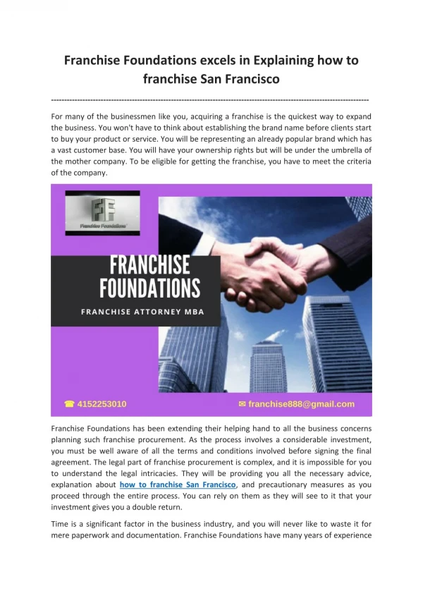 Franchise Foundations excels in Explaining how to franchise San Francisco