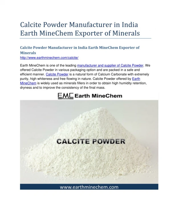 Calcite Powder Manufacturer in India Earth MineChem Exporter of Minerals