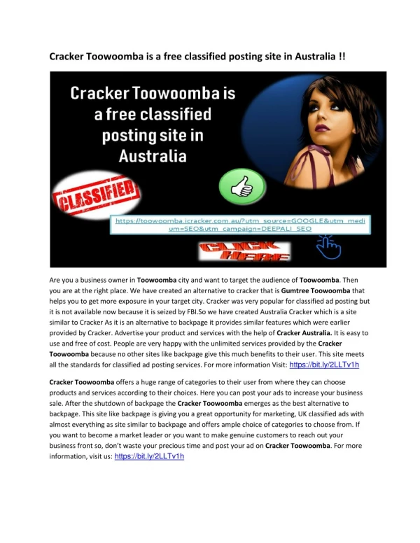 Cracker Toowoomba is a free classified posting site in Australia !!