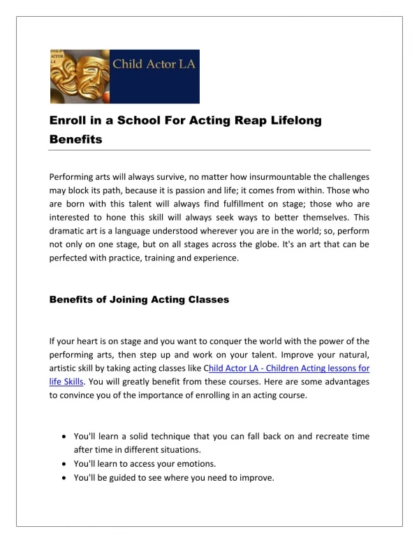 Enroll in a School For Acting Reap Lifelong Benefits