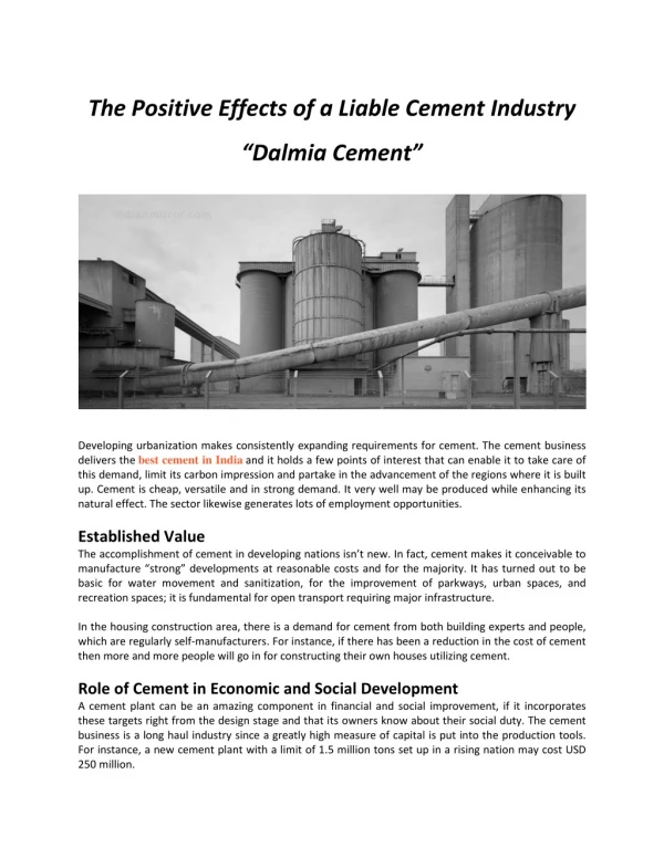 The Positive Effects of a Liable Cement Industry “Dalmia Cement”