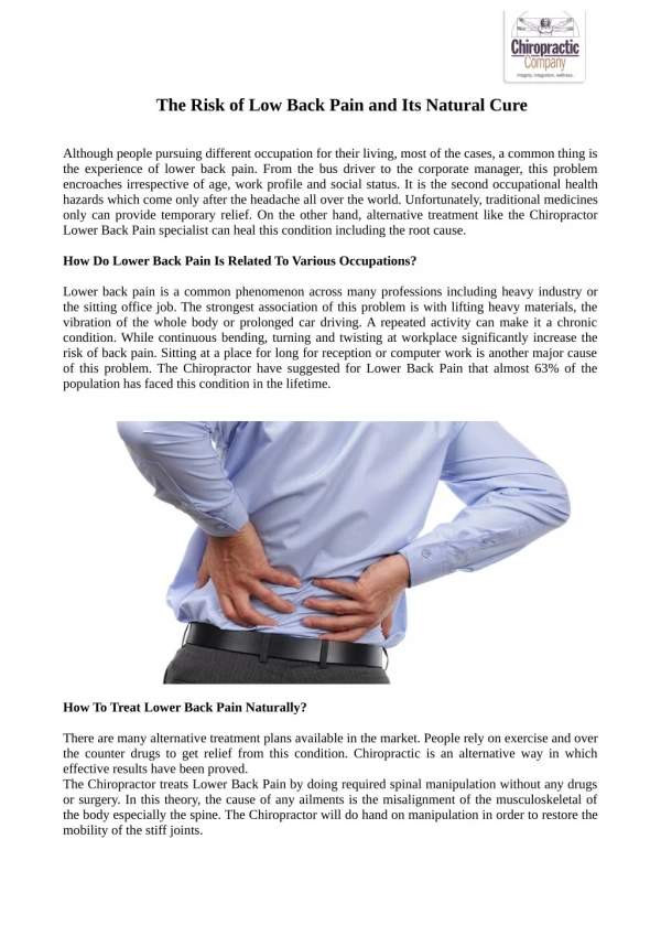 The Risk of Low Back Pain and Its Natural Cure