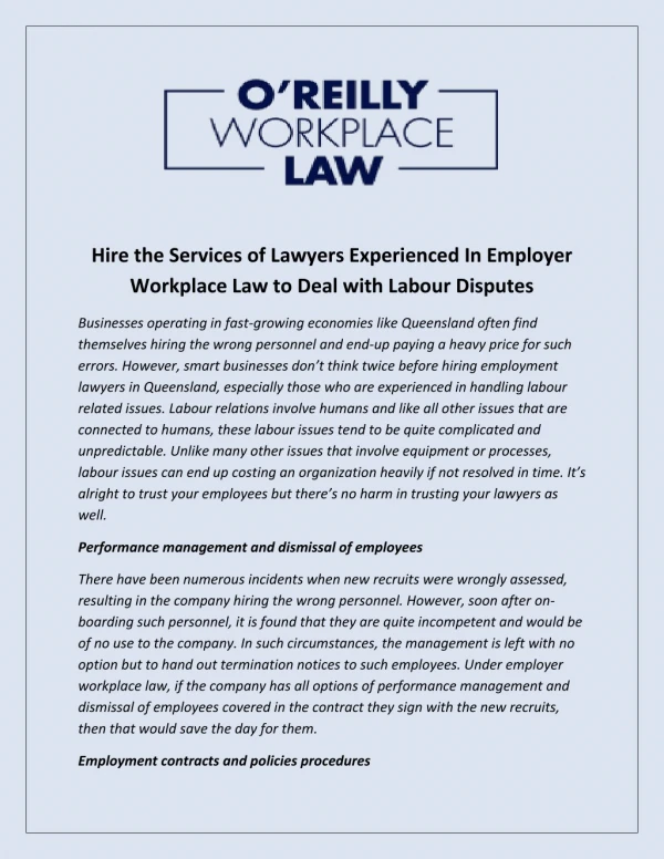 Hire the Services of Lawyers Experienced In Employer Workplace Law to Deal with Labour Disputes