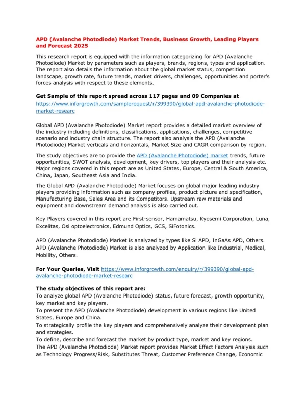 APD (Avalanche Photodiode) Market Trends, Business Growth, Leading Players and Forecast 2025