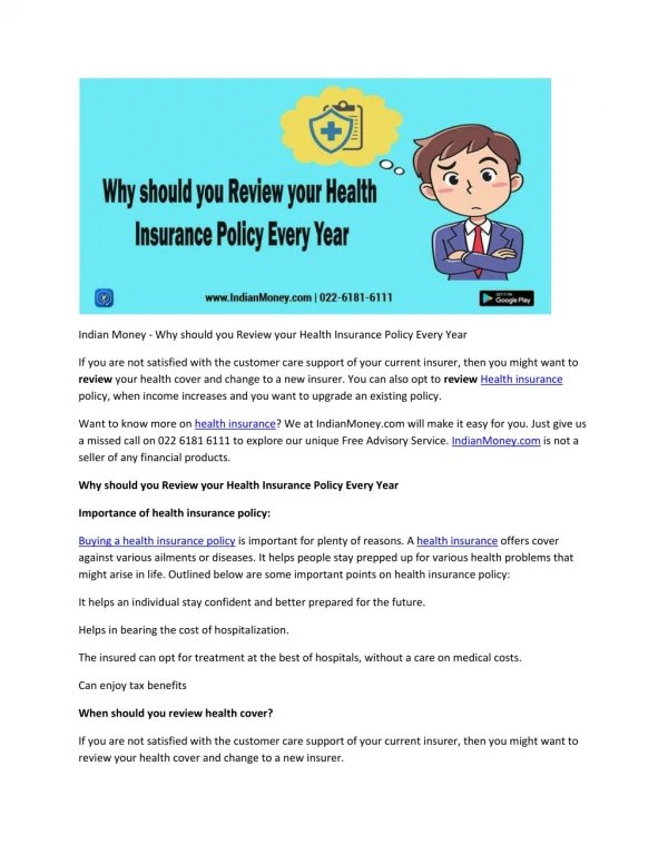 Indian Money - Why should you Review your Health Insurance Policy Every Year