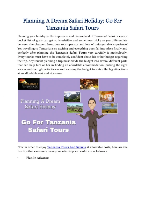 Planning A Dream Safari Holiday: Go For Tanzania Safari Tours