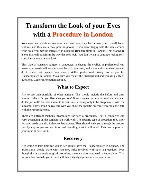 Transform the Look of your Eyes with a Procedure in London