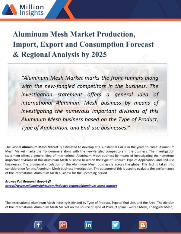 Aluminum Mesh Market Analysis, Growth, Share, Industry Trends, Supply Demand, Forecast and Sales to 2025