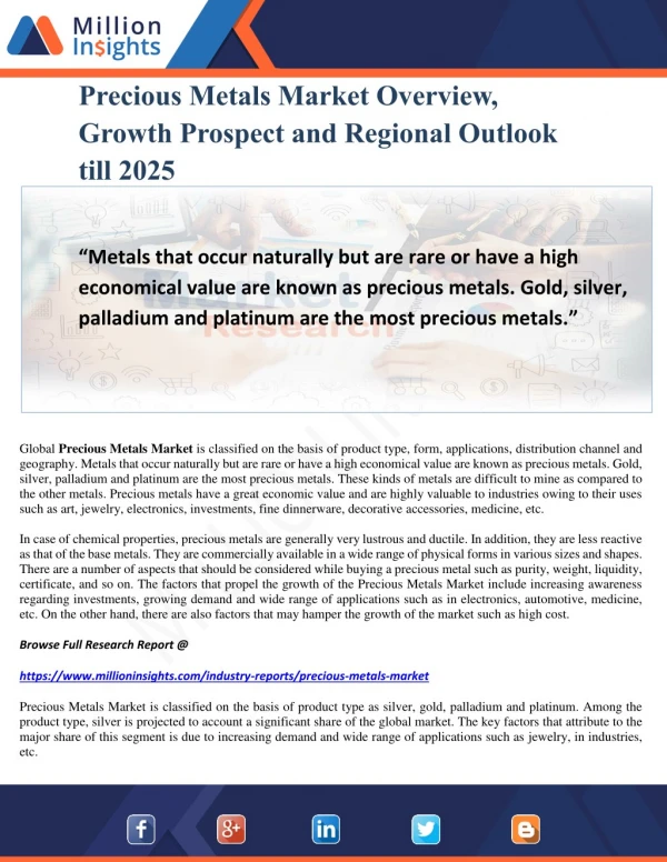 Precious Metals Market Overview, Growth Prospect and Regional Outlook till 2025