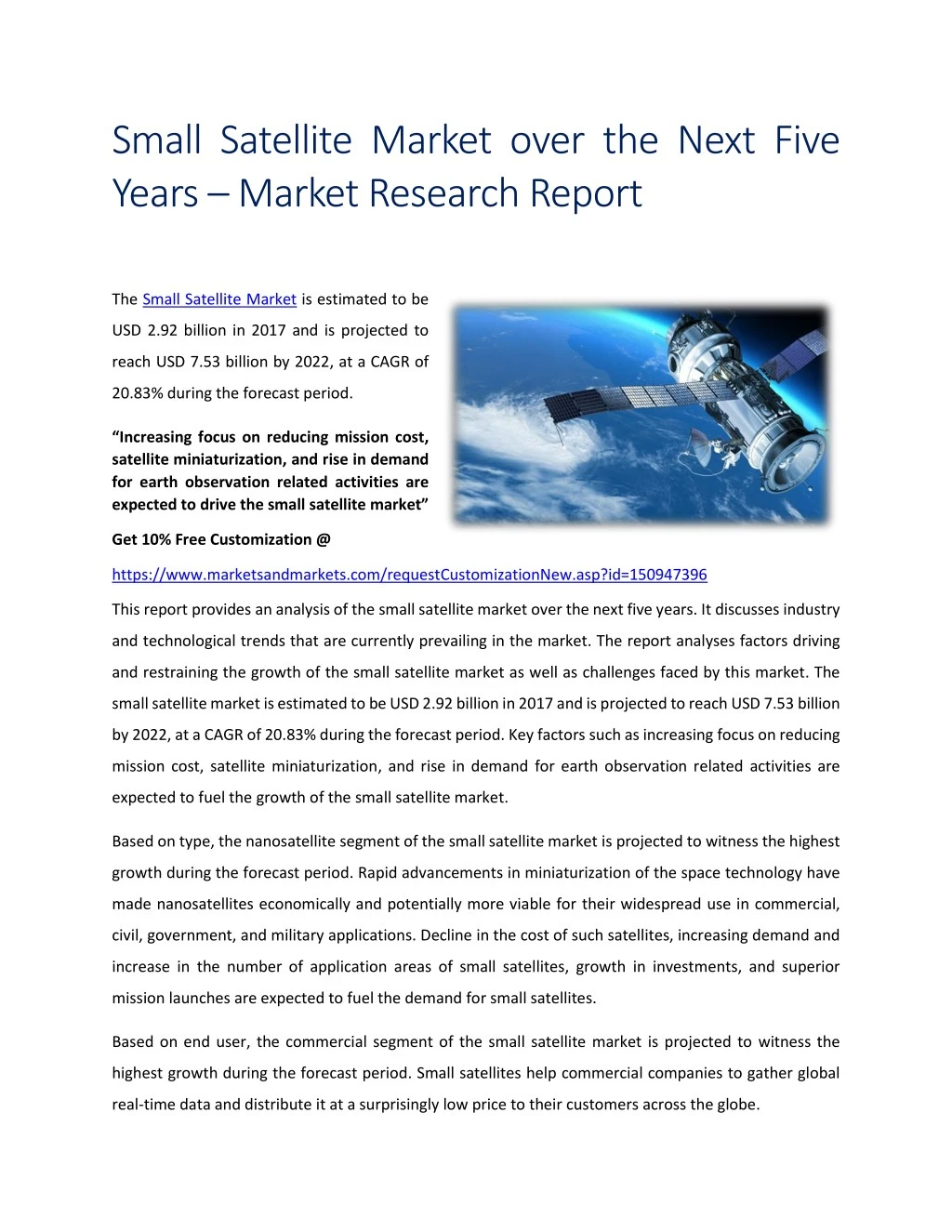 small satellite market over the next five years