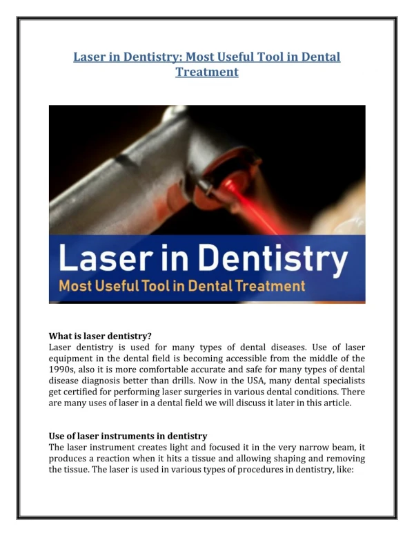 Laser in Dentistry: Most Useful Tool in Dental Treatment