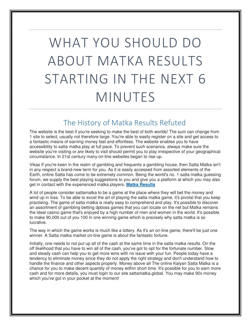 what you should do about matka results starting