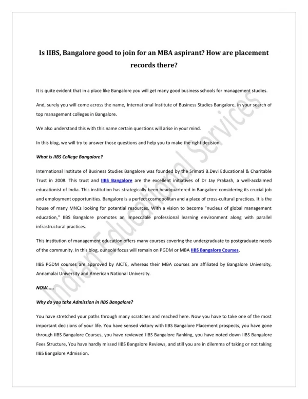 Is IIBS, Bangalore good to join for an MBA aspirant? How are placement records there?