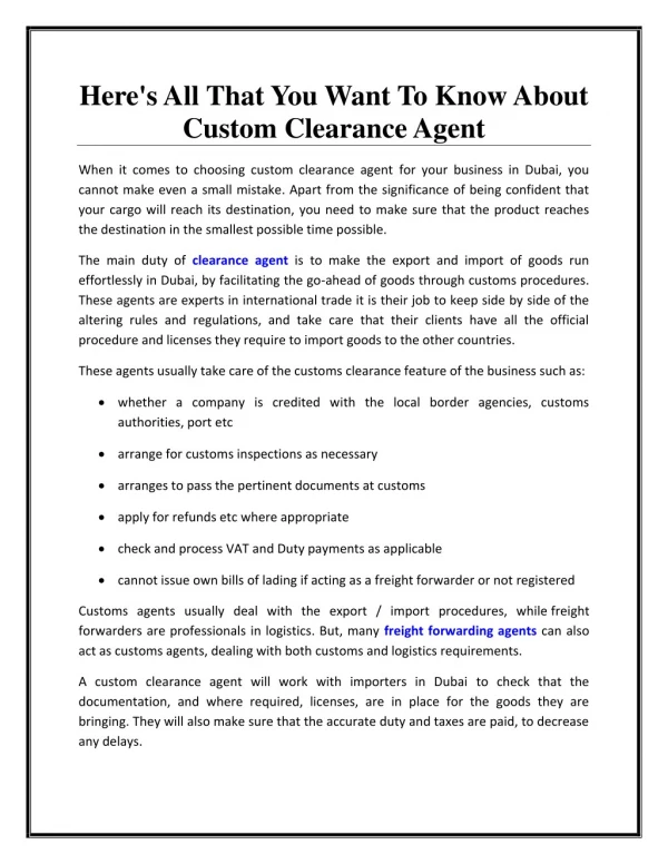 Here's All That You Want To Know About Custom Clearance Agent