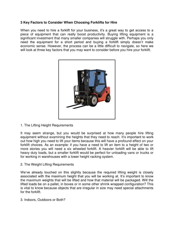 3 Key Factors to Consider When Choosing Forklifts for Hire