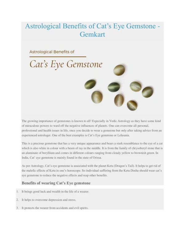 Astrological Benefits of Cat’s Eye Gemstone - Gemkart