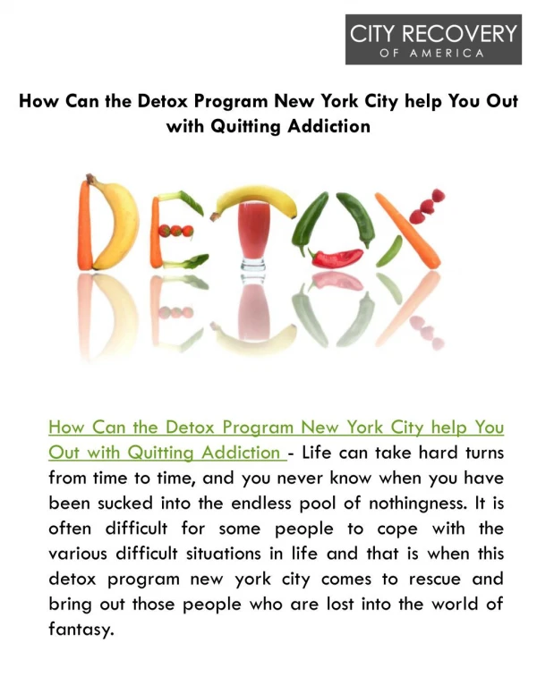 How Can the Detox Program New York City help You Out with Quitting Addiction?
