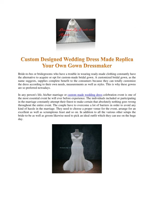 Custom Designed Wedding Dress Made Replica Your Own Gown