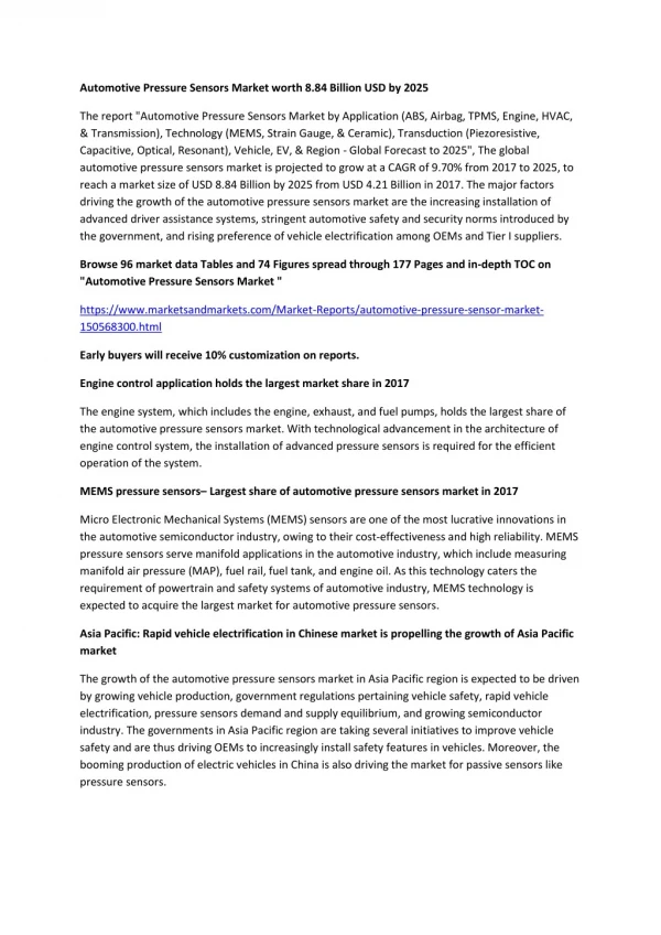 Automotive Pressure Sensors Market Worth 8.84 Billion USD by 2025