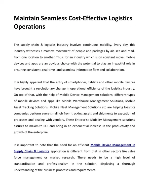maintain seamless cost effective logistics