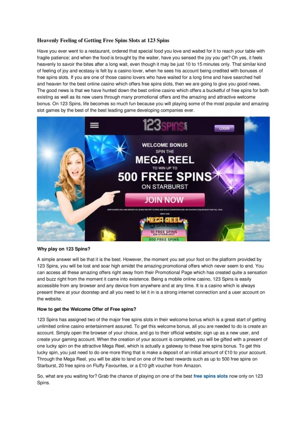 Heavenly Feeling of Getting Free Spins Slots at 123 Spins