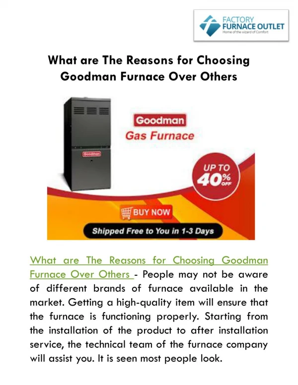 What are The Reasons for Choosing Goodman Furnace Over Others