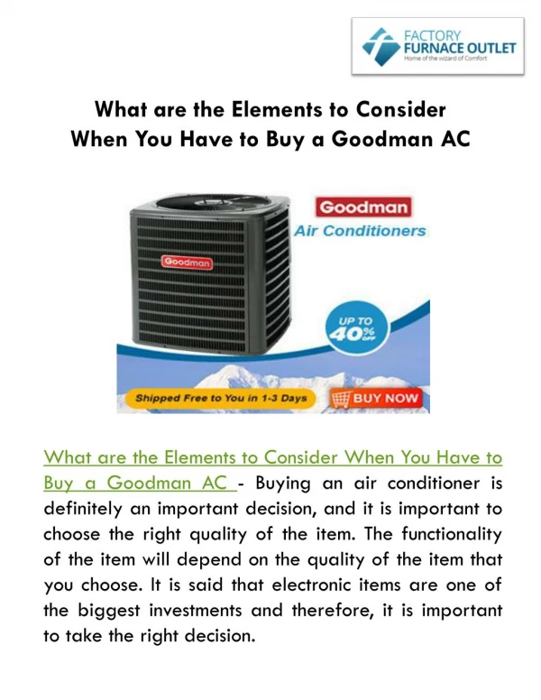 What are the Elements to Consider When You Have to Buy a Goodman AC