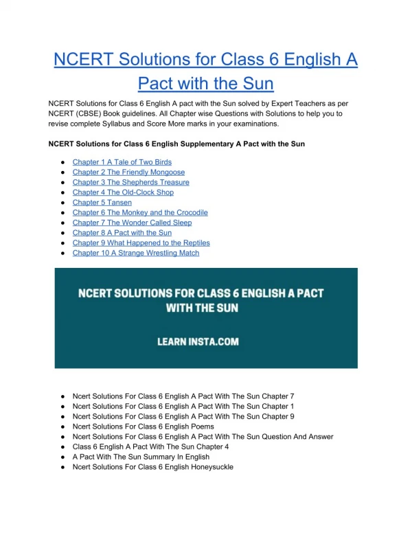 NCERT Solutions for Class 6 English a Pact With the Sun