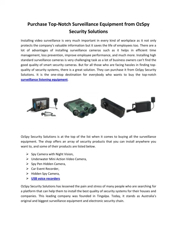 Purchase Top-Notch Surveillance Equipment from OzSpy Security Solutions