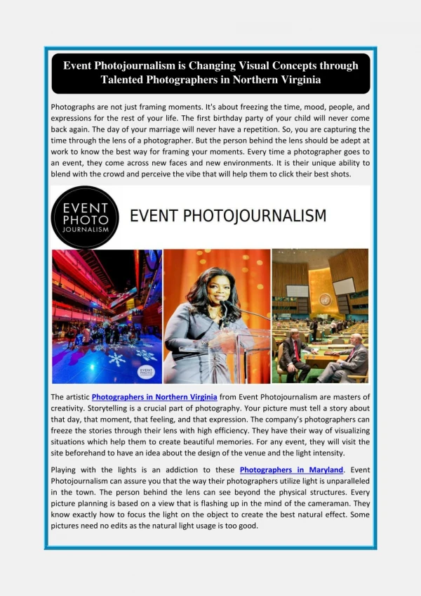 Event Photojournalism is Changing Visual Concepts through Talented Photographers in Northern Virginia
