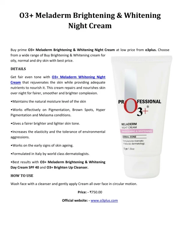 O3Plus Meladerm Brightening Whitening Night Cream