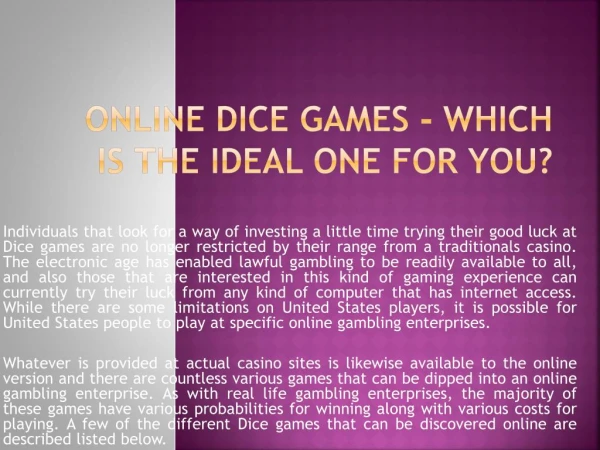 Online Dice Games - Which is the Ideal One For You