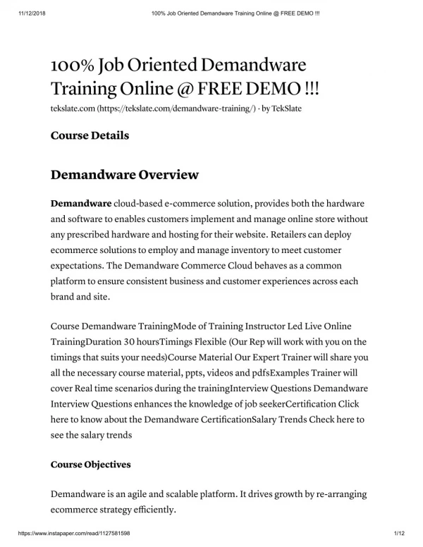 Demandware Training in India & USA - FREE DEMO