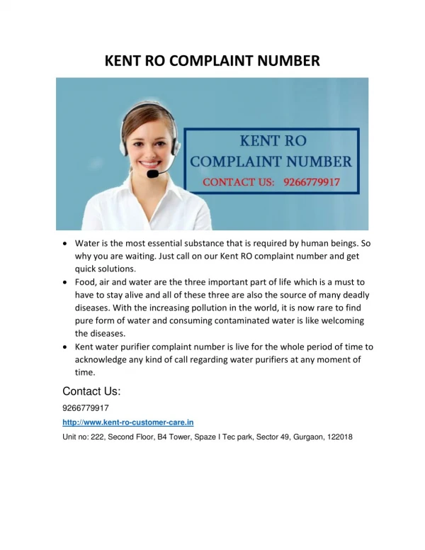 Kent RO Complaint Number@9266779917