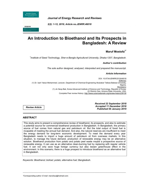 An Introduction to Bioethanol and Its Prospects in Bangladesh A Review