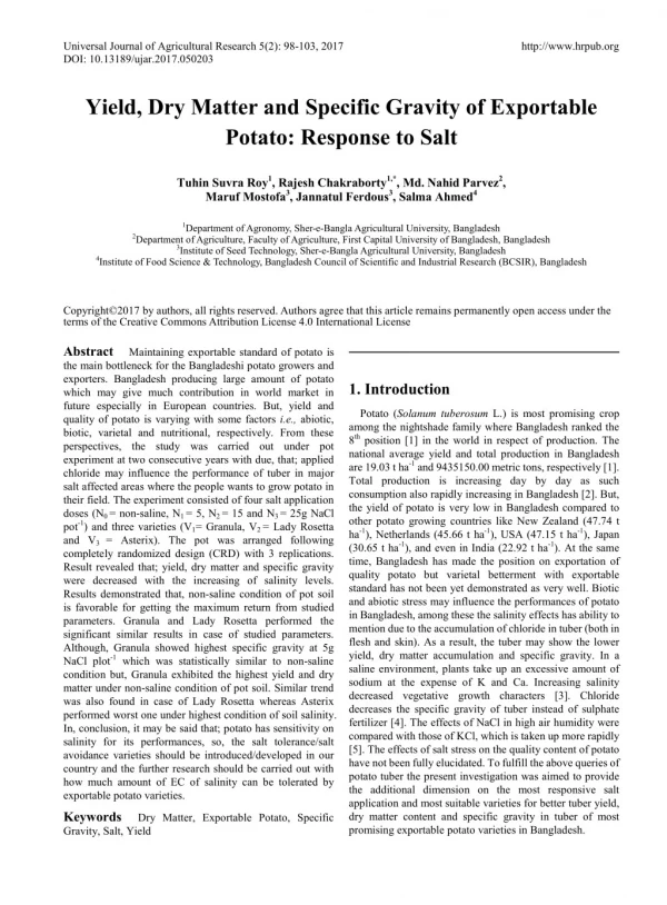 Yield, dry matter and specific gravity of exportable potato: Response to salt