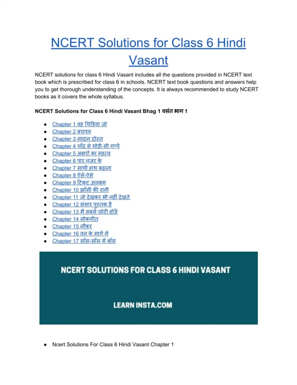 NCERT Solutions for Class 6 Hindi Vasant