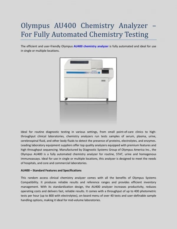 Olympus AU400 Chemistry Analyzer – For Fully Automated Chemistry Testing