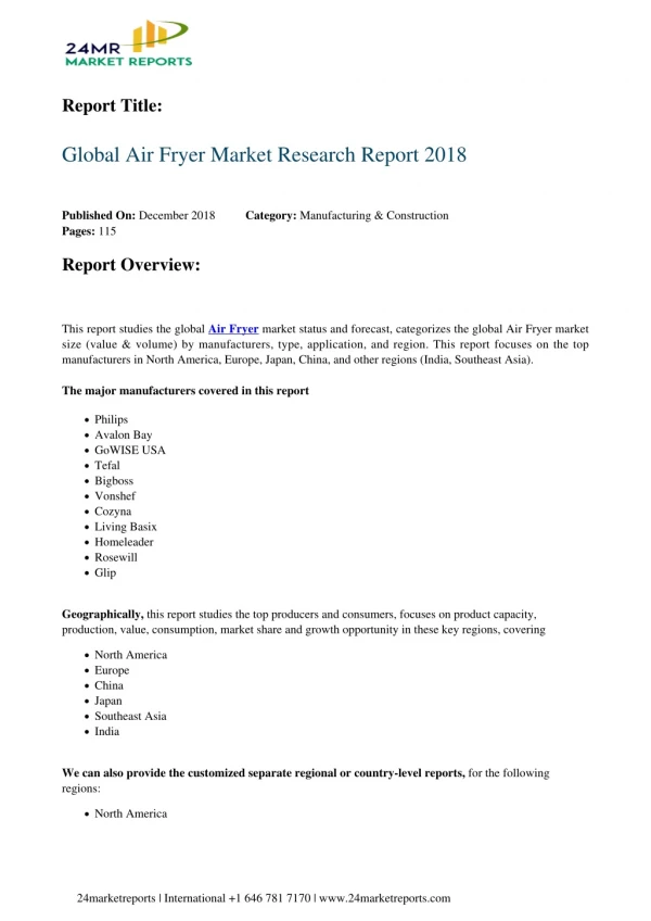 Air Fryer Market Research Report 2018